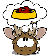 A Reindeer Puffle thinking about a bowl of Puffle O's