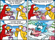 A comic from issue #458 of the Club Penguin Times featuring the Bunny Slippers