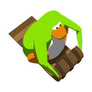 A Lime Green Penguin using the Toboggan in Sled Racing.