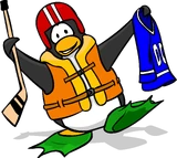 As seen in the August 2006 Penguin Style catalog, along with the Red Football Helmet, Life Jacket, Blue Hockey Jersey, and Green Flippers