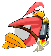 A peach penguin looking at the jet pack.