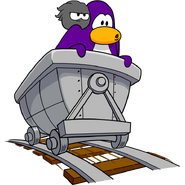 A cart surfing Dark Purple penguin with his Black Puffle, as seen on a loading screen.