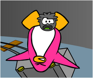 A Black Puffle playing with a penguin in the Cart Surfer