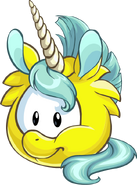 Artwork of a Yellow Unicorn Puffle.