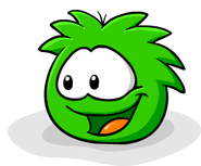 A Green Puffle looking to left.