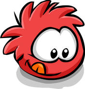 An artwork of a red puffle about to eat