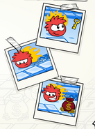 Stampbook pictures of a Black Puffle on fire playing Thin Ice