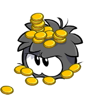 A Black Puffle with coins