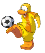 A Team Yellow penguin playing soccer