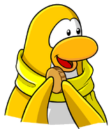 A yellow penguin carrying a coin.