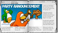 The first announcement of the party in issue #121 of the Club Penguin Times.