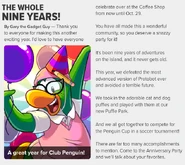 Aunt Arctic talking about the party. (Note she's wearing the anniversary hat on top of her hat)