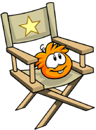 An Orange Puffle sitting on a chair