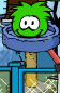 A Green Puffle playing with one of the furniture items