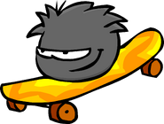 A Black puffle with a skateboard