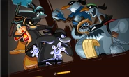 The loading screen after all players have been chosen, showing the three ninjas taking on Scrap, Tank, and Sly