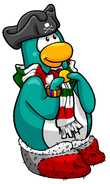 A pirate in Christmas clothes carrying a coin