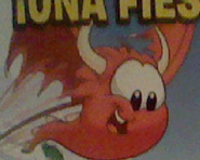 A flying red puffle with wings and tail