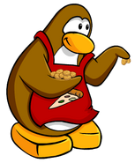 A pizza penguin carrying coins