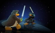 An image of two penguins in a lightsaber duel