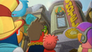 The golden puffle painted on the wall of the front of the Puffle Hotel.