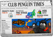 The cover of issue #214 of the Club Penguin Times.