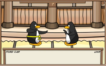 Link playing Card Jitsu against Ford Car.