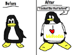 Comparison of a normal penguin (before) and a fat penguin (after). The fat penguin is suffering from phase III of the symptoms.