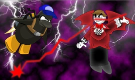 Speeddasher and Zone' Speeddasher and Zone facing each other in an aerial dogfight.