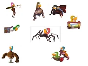The Mutated penguins (from left to right and up to down)Pink Legs, Brownmobile, Roller Black, Green-in-the-box, Spider Peach, Jingle Yellow, Blue Man, Lime Frog, and Aqua Car.