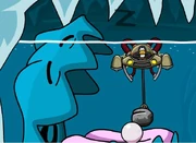 A player placing a pearl-shaped rock inside the giant clam's mouth.