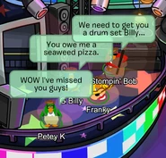 The Penguin Band speaking with green speech bubbles
