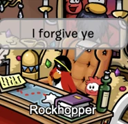 Rockhopper speaking with a gray speech bubble