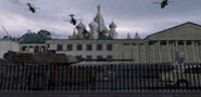 Medium tank advancing through Moscow in the closing days of the war, supported by Longbow helicopters.