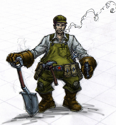 Pictured above: Self-Portrait (Combat Engineer S. Chesnokov). The Union's combat engineers possess more than enough mental prowess to offset their lack of physical training. Besides, if they were physically strong, they'd be on the front lines.