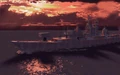 Destroyer at dusk, in open sea.