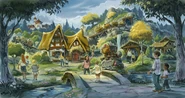 The Magic Kingdom's concept art for Snow White's cottage with mine cars rolling by in the background.