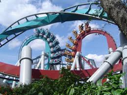 Dragon's Challenge loops and intertwining trains