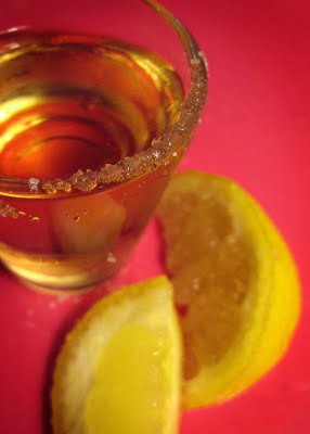 chocolate cake shot with a lemon