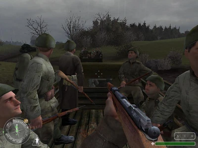 Yuri y sus amigos yendo a las trincheras.