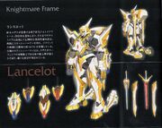 Lancelot (Akito the Exiled ver.) lineart: front, rear, MVS (activated, unactivated and scabbard), left arm Slash Harken/Blaze Luminous Generator (including Messer Mode), right arm Slash Harken/Blaze Luminous Generator with Suzaku's Knight medal attached