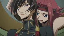 An awkward moment when Kallen pulled Lelouch under the mascot she was wearing.