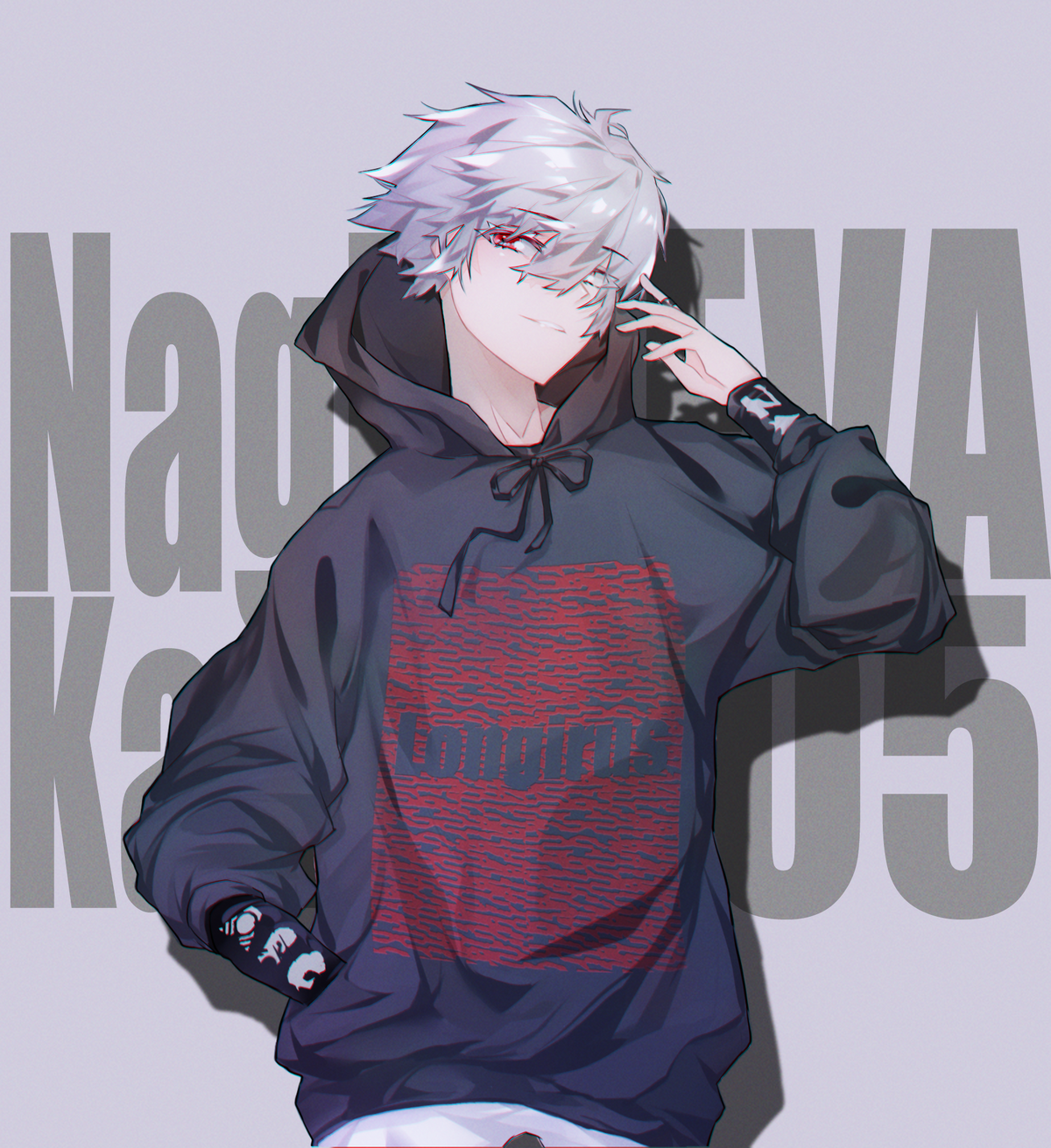 Anime boy, white hair, hoodie, smiling, necklace, gray eyes, Anime