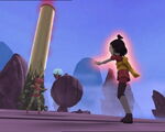 Yumi prepares to attack it with a large boulder.