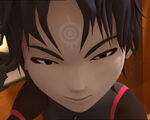 Smiling as he confronts Yumi.