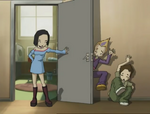 Sissi opens the door dressed as Yumi