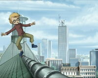 Jeremie walks Kadic's rooftop, with the city in the background, as seen in "Maiden Voyage".