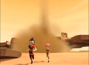 Yumi Aelita running from a tornado