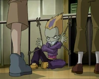 Zombie Odd tied up in the cafeteria.