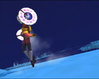 Spinning around rapidly, she uses her Fans as shields.